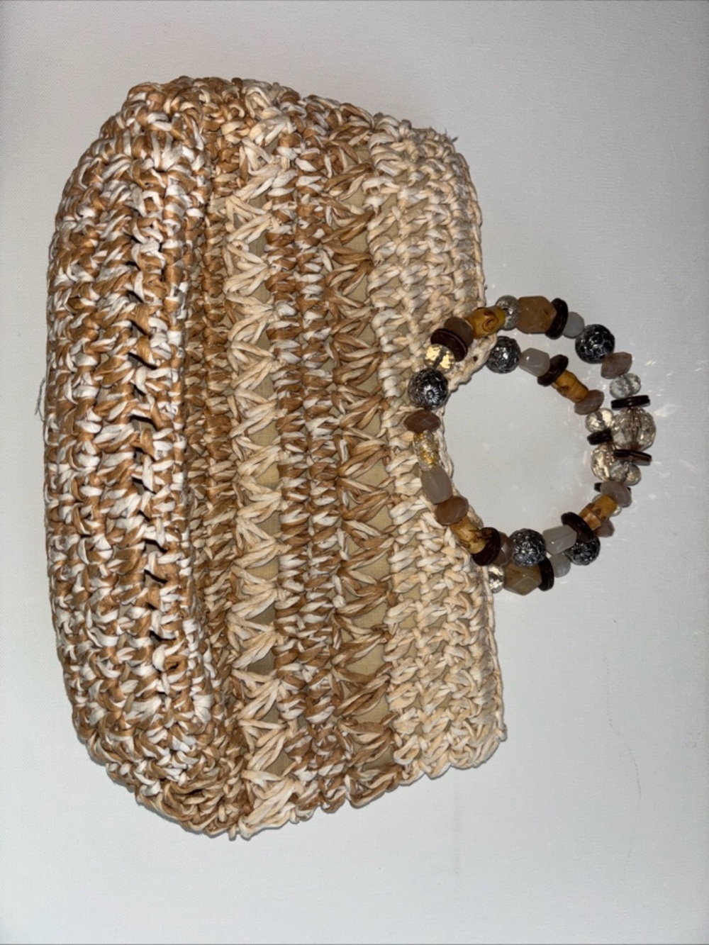 Cappelli Straworld Tan and Cream Woven Straw Shoulder Bag with Beaded Handle